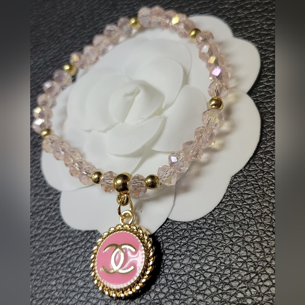 Faceted Pink Glass Beaded Stretch Bracelet - Picture 3 of 4